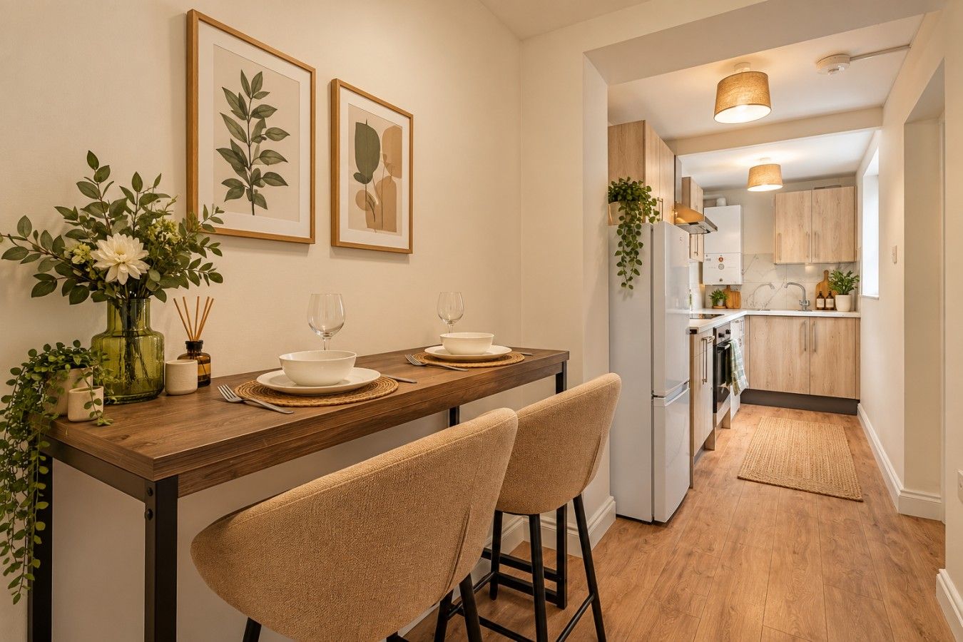 A modern kitchen with wooden cabinets, a built-in oven, and a dining area with a wooden table and two chairs.