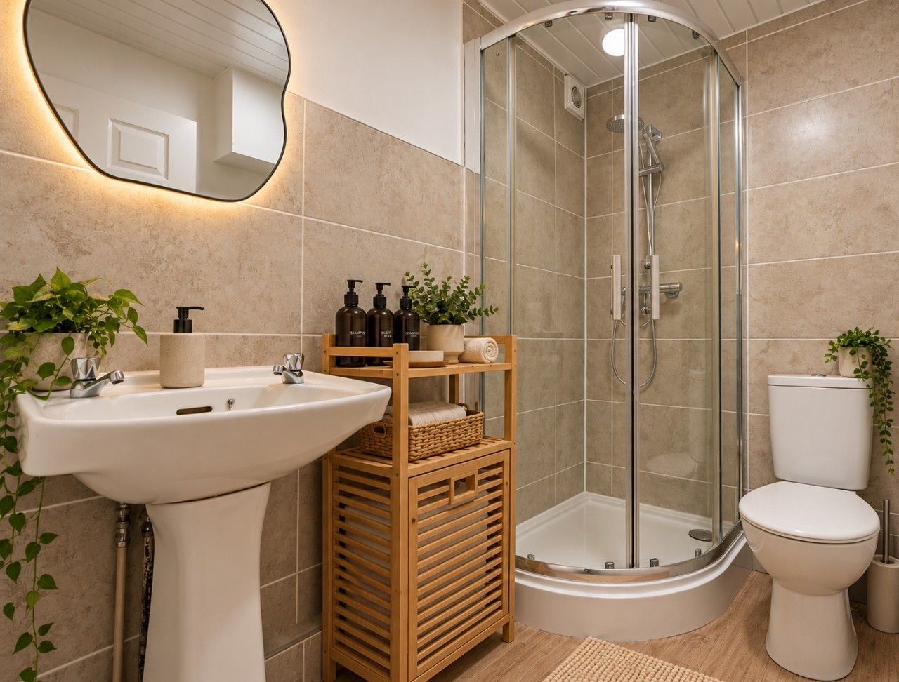 A bathroom with a sink, toilet, shower, and a mirror with a light.