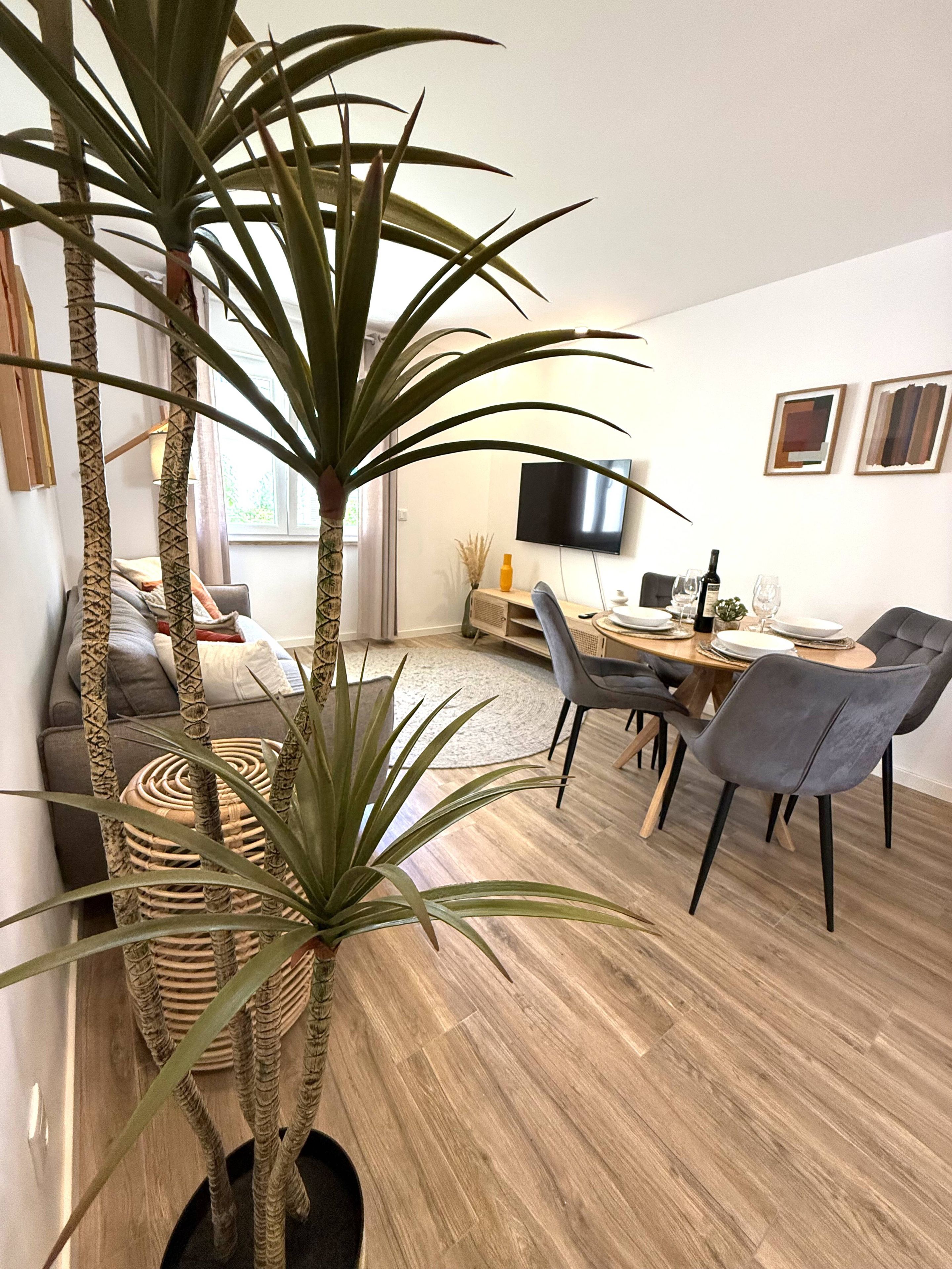 A modern living room with a dining area, featuring a large plant, a sofa, a TV, and a wooden floor.
