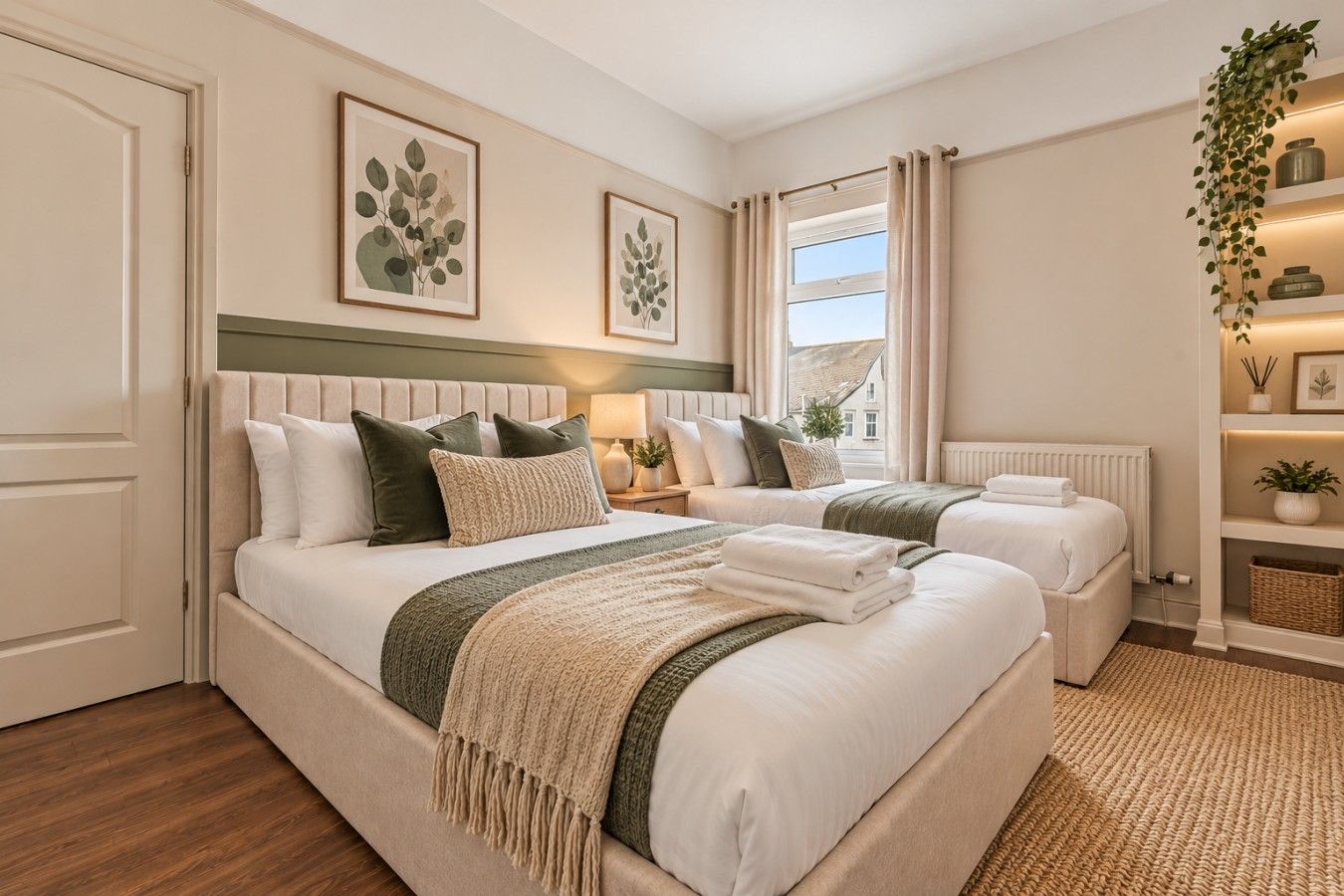 Une chambre d’hôtel avec deux lits, une fenêtre avec des rideaux, un radiateur et une étagère avec des plantes.