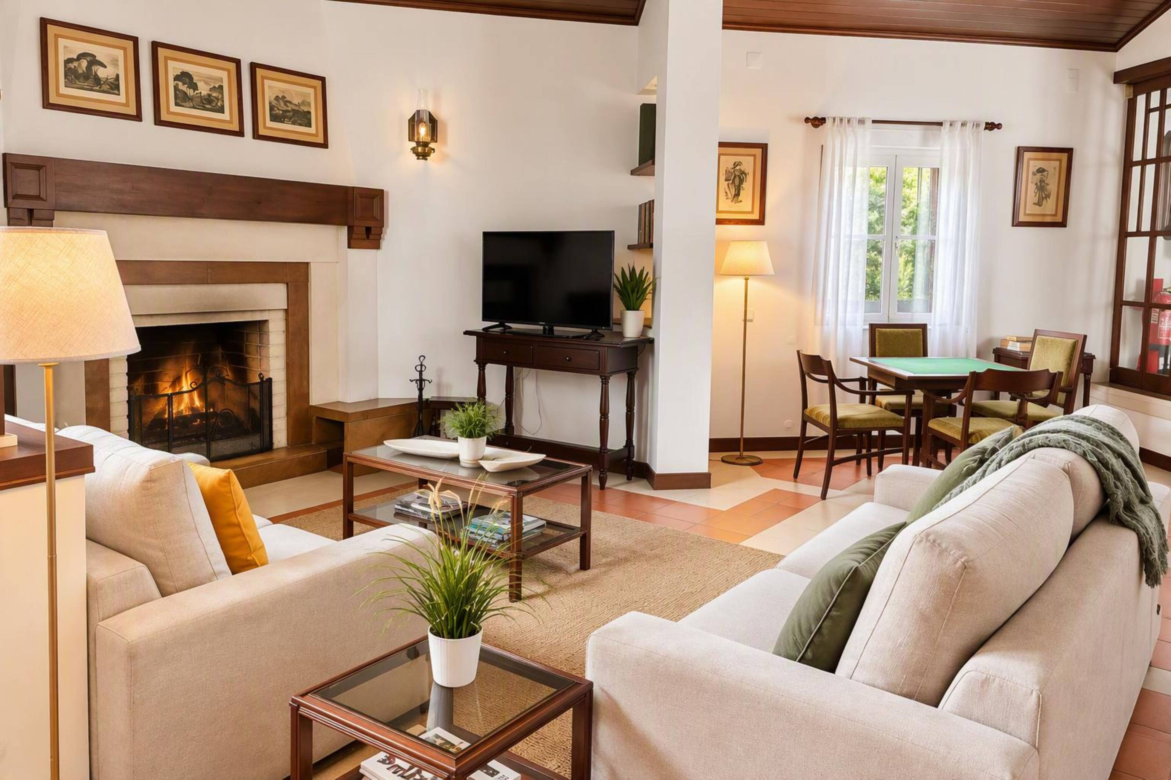 A living room with a fireplace, a television, a dining area with a table and chairs, and a sofa.