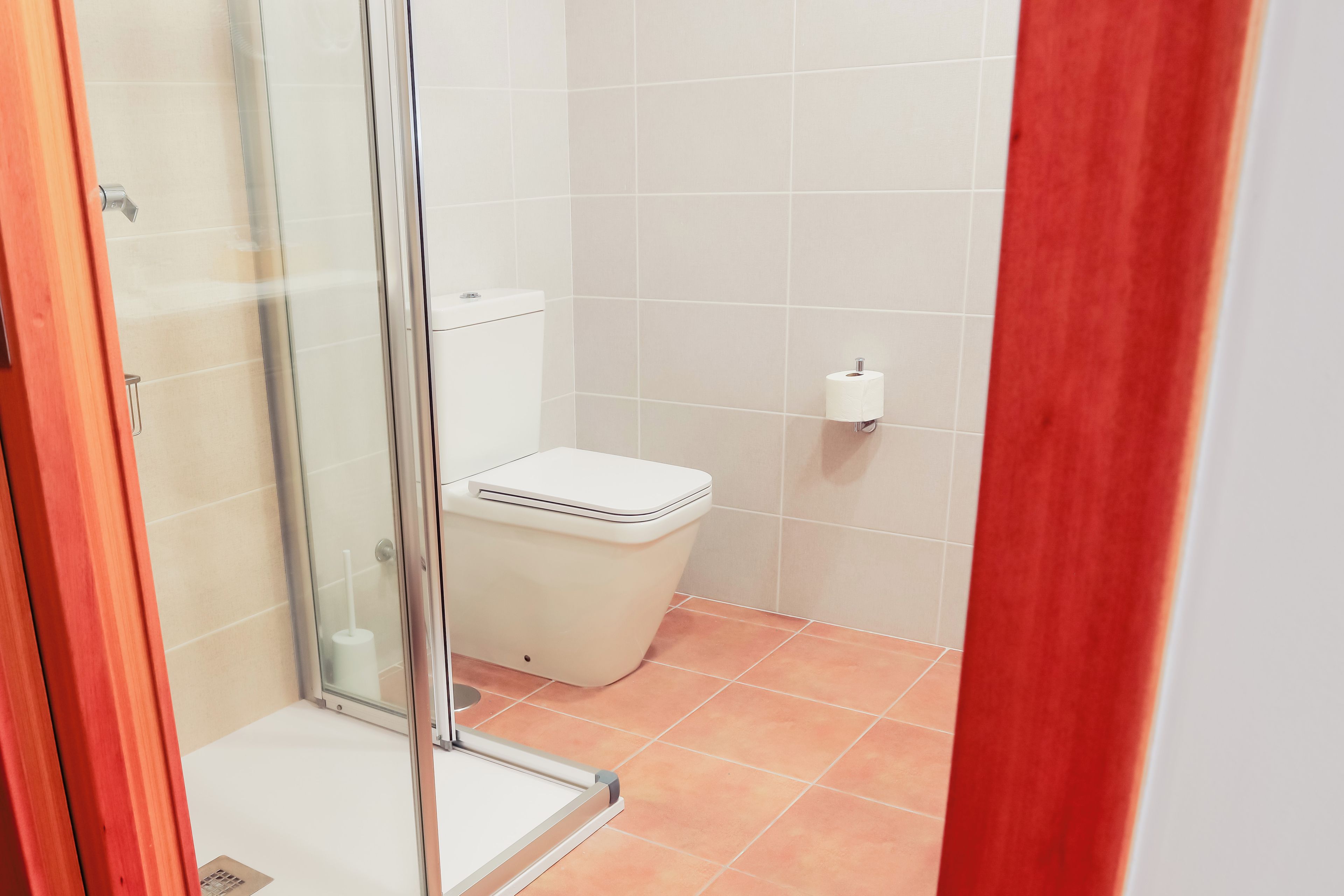 Un baño con cabina de ducha de vidrio, un inodoro blanco y un dispensador de papel higiénico en la pared.
