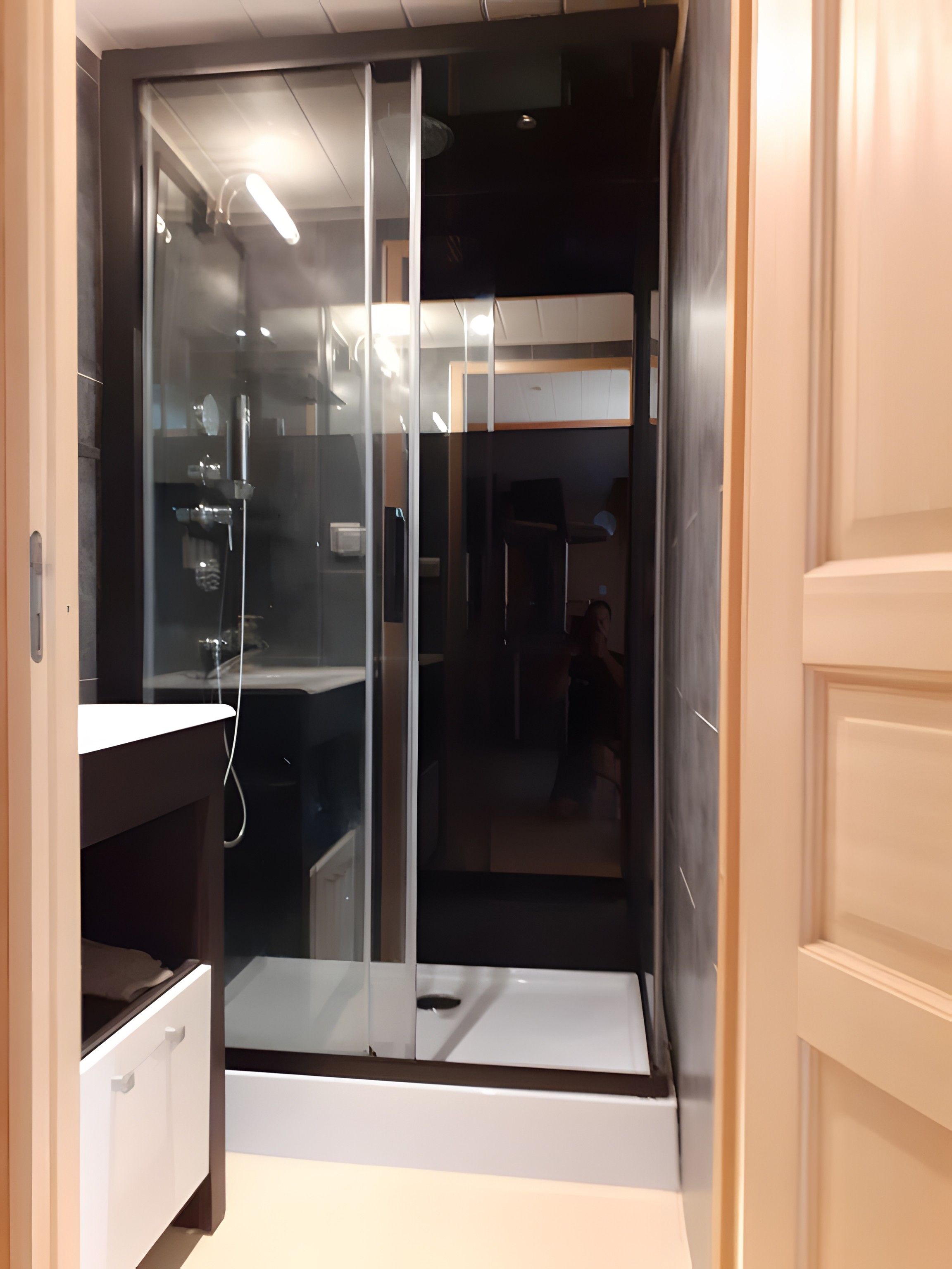 A modern bathroom with a glass shower enclosure, a white sink, and a mirror.