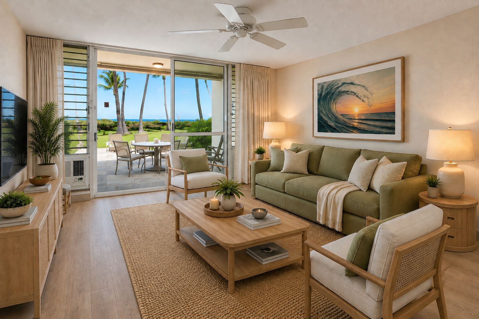 A modern living room with a sofa, chairs, a coffee table, and a TV. There is a large window with a view of palm trees and the ocean.