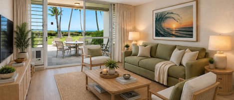 A modern living room with a sofa, chairs, a coffee table, and a TV. There is a large window with a view of palm trees and the ocean.