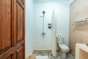 Un bany petit amb dutxa, vàter i una porta de fusta.