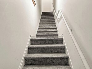 Een trap met een leuning en beklede treden.