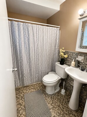 Une salle de bain avec un rideau de douche, des toilettes, un lavabo et une petite plante en pot.