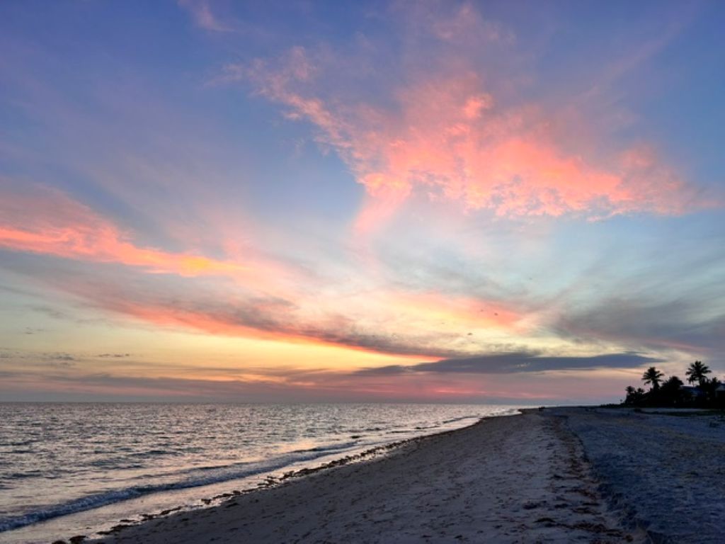 A beach with a clear sky and a sunset.