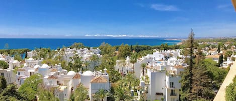 A coastal residential area with white buildings, palm trees, and a clear view of the sea.