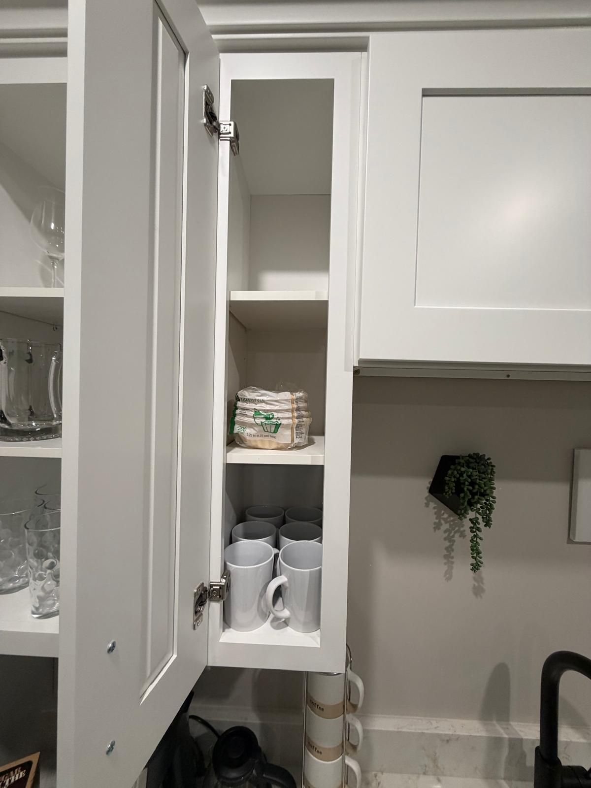 A kitchen with a white cabinet, a plant, and a coffee machine.