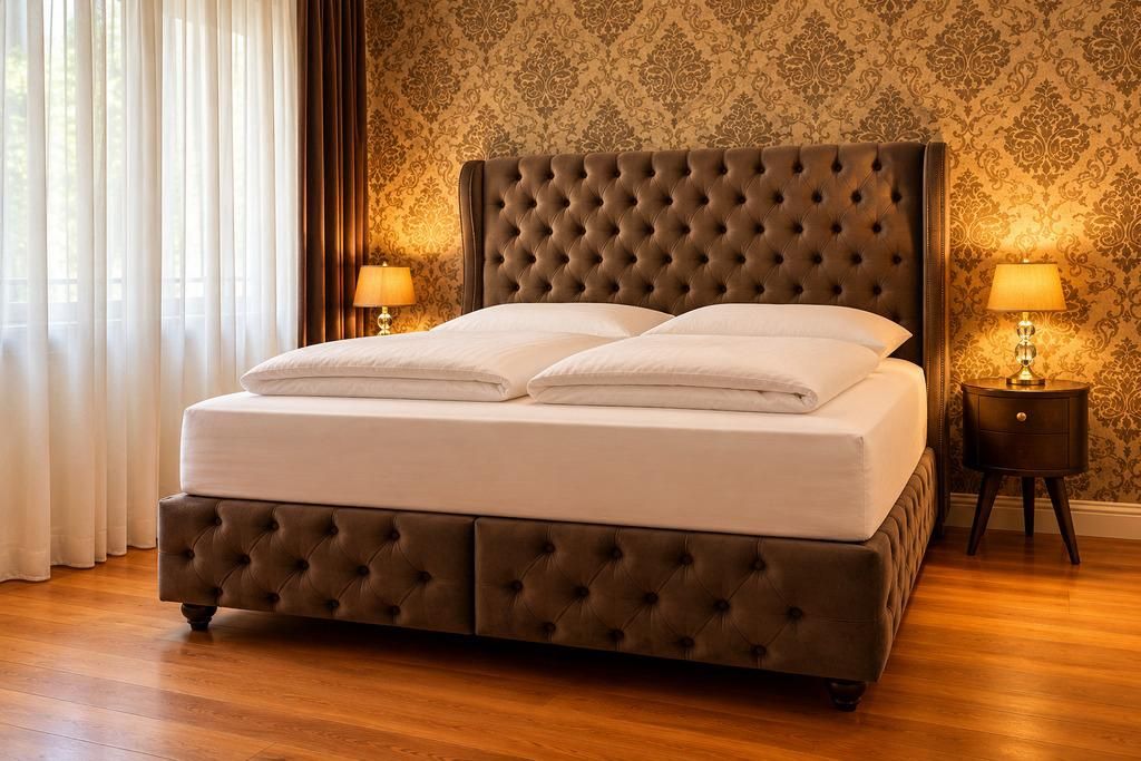 A bed with a tufted headboard, two bedside lamps, and a patterned wallpaper background.