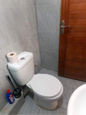 Ein kleines Badezimmer mit Toilette, einer Holztür und einem Reinigungsmittel.
