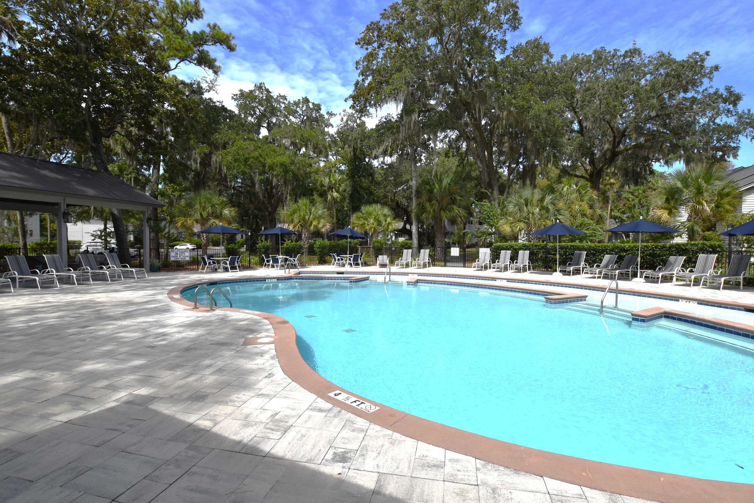 A swimming pool with lounge chairs and umbrellas, surrounded by trees.