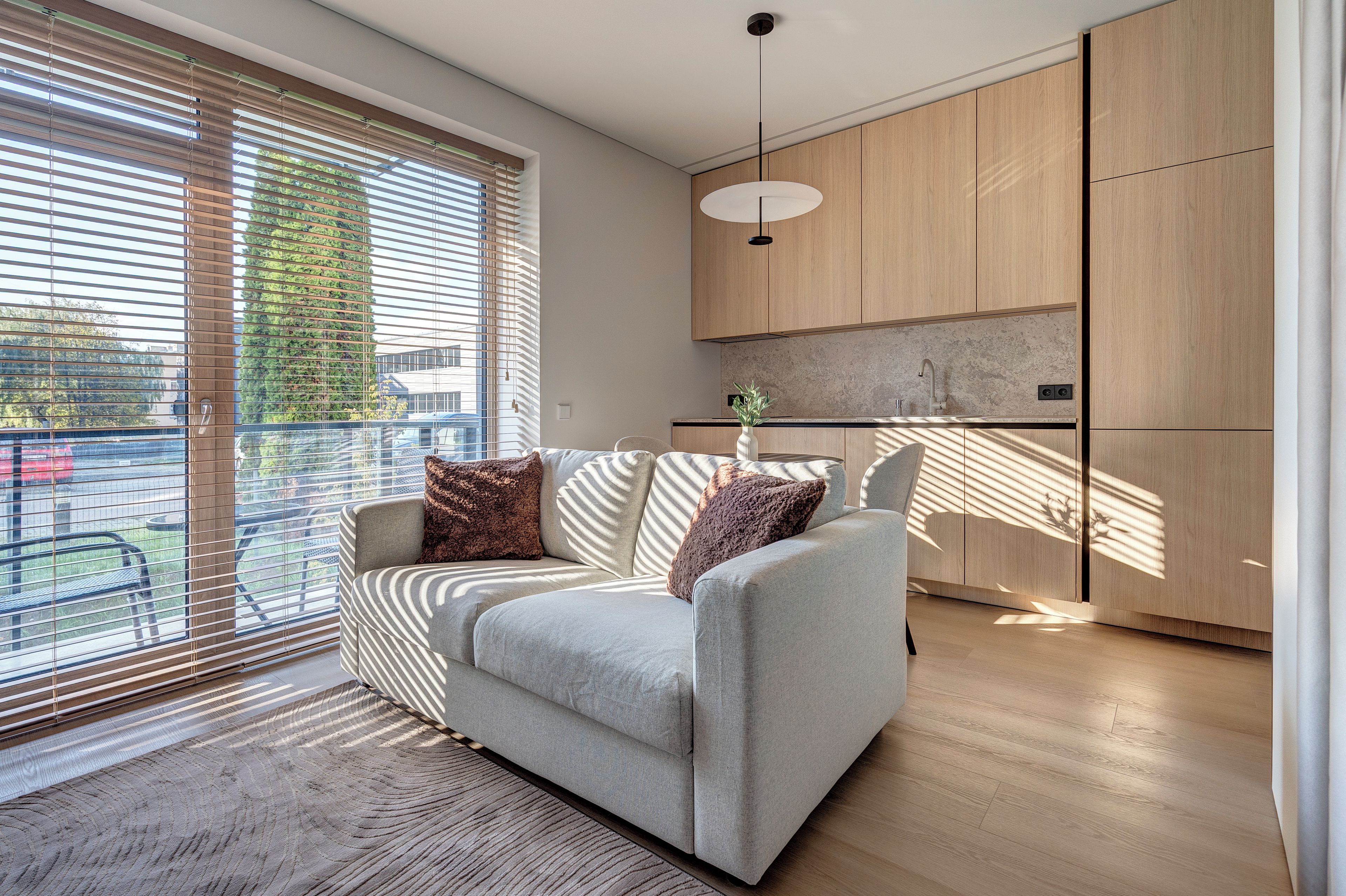 A modern living room with a sofa, a dining area with a kitchen in the background, and large windows with blinds.
