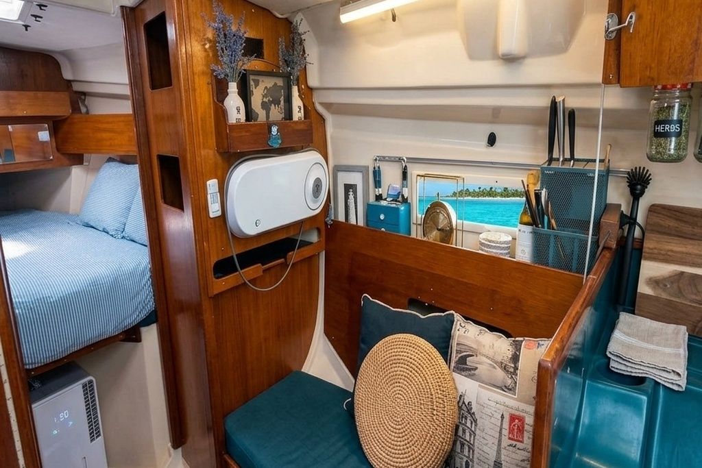 Un interior compacto con una cama litera, una pequeña zona de estar con cojines, un espejo y vista al mar.