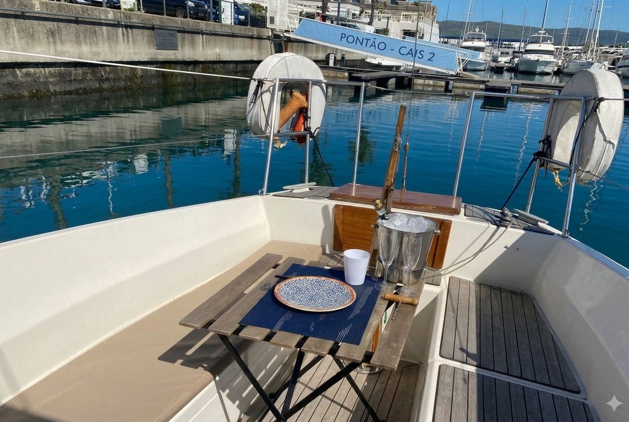 Cubierta de barco con una mesa para dos, un balde metálico y un letrero que dice 'PONTÃO - CAIS 2'.