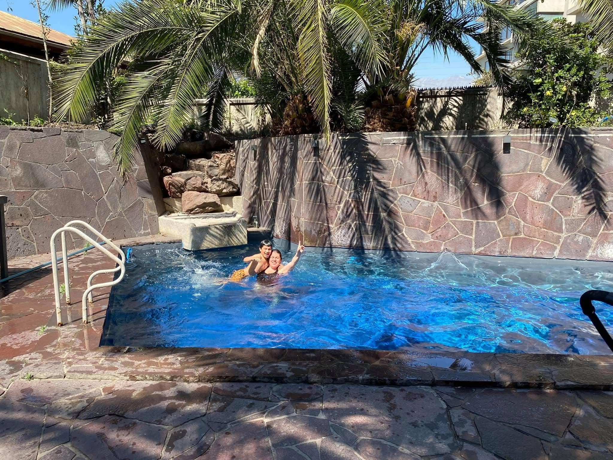 A swimming pool with a stone wall and palm trees in the background.