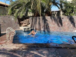 Una piscina con una parete in pietra e palme sullo sfondo.