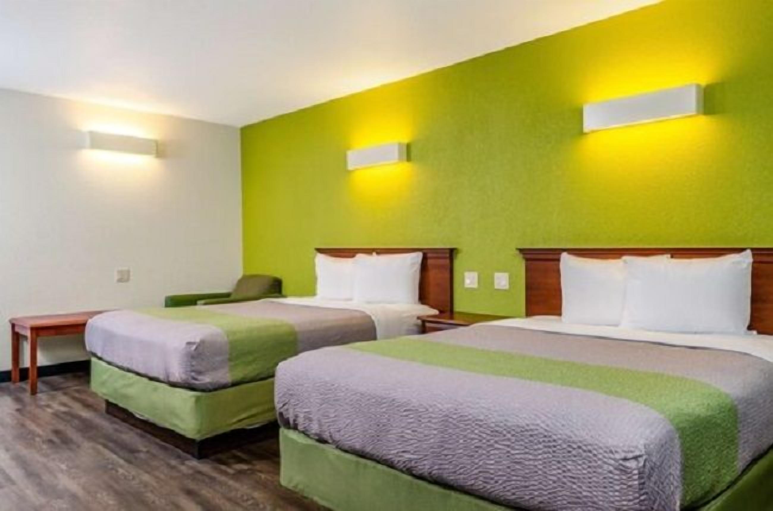 Habitación de hotel con dos camas, cabecero de madera y una pared de acento verde.