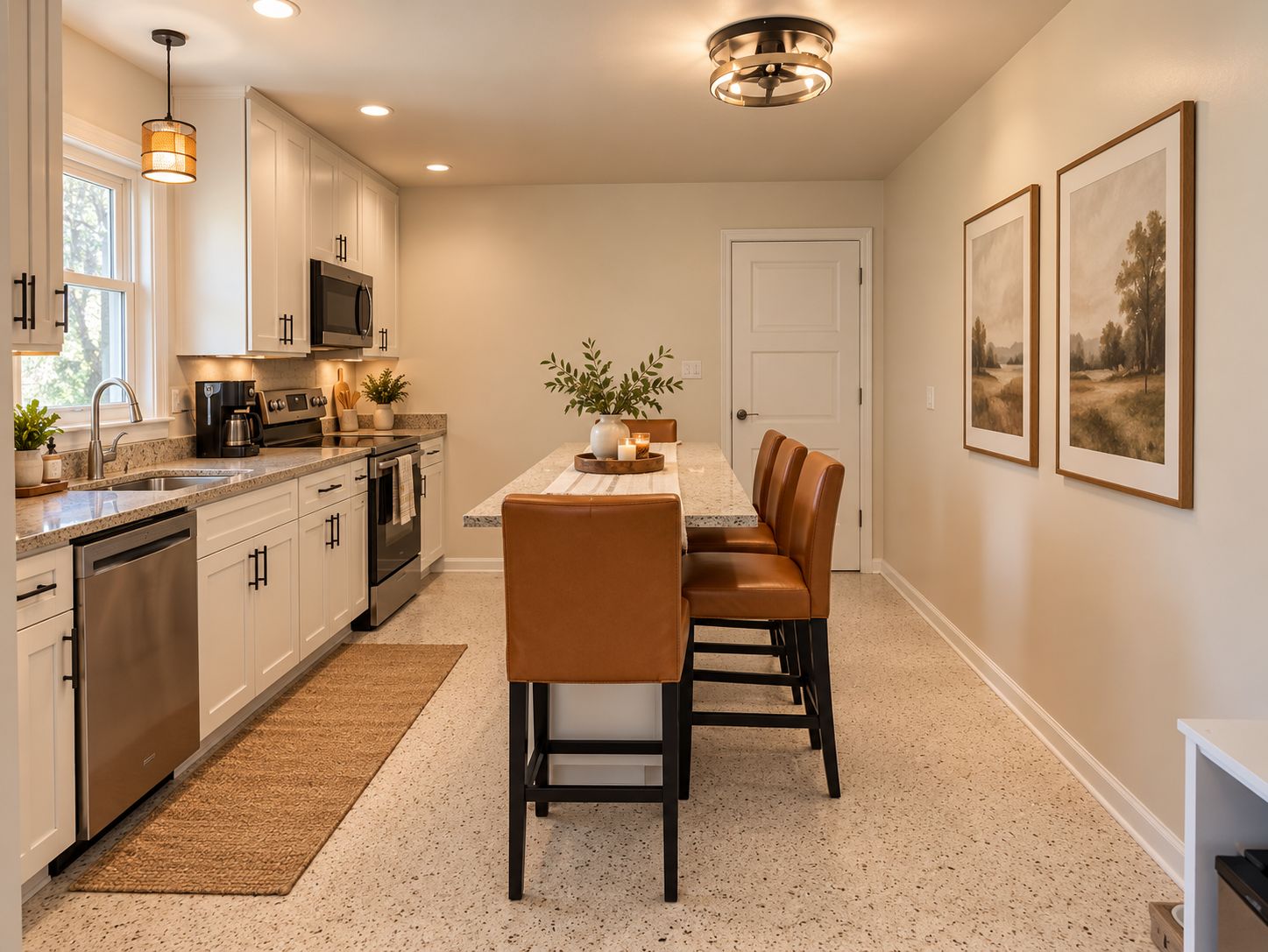 A modern kitchen with stainless steel appliances, a dining area with a table and chairs, and artwork on the walls.