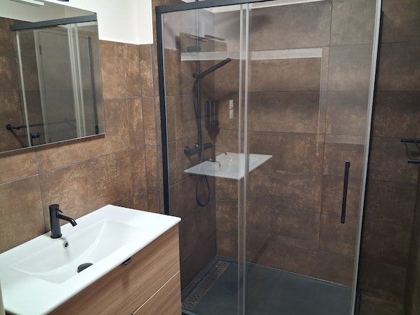Une salle de bain avec une douche à parois de verre, un lavabo blanc et un miroir.