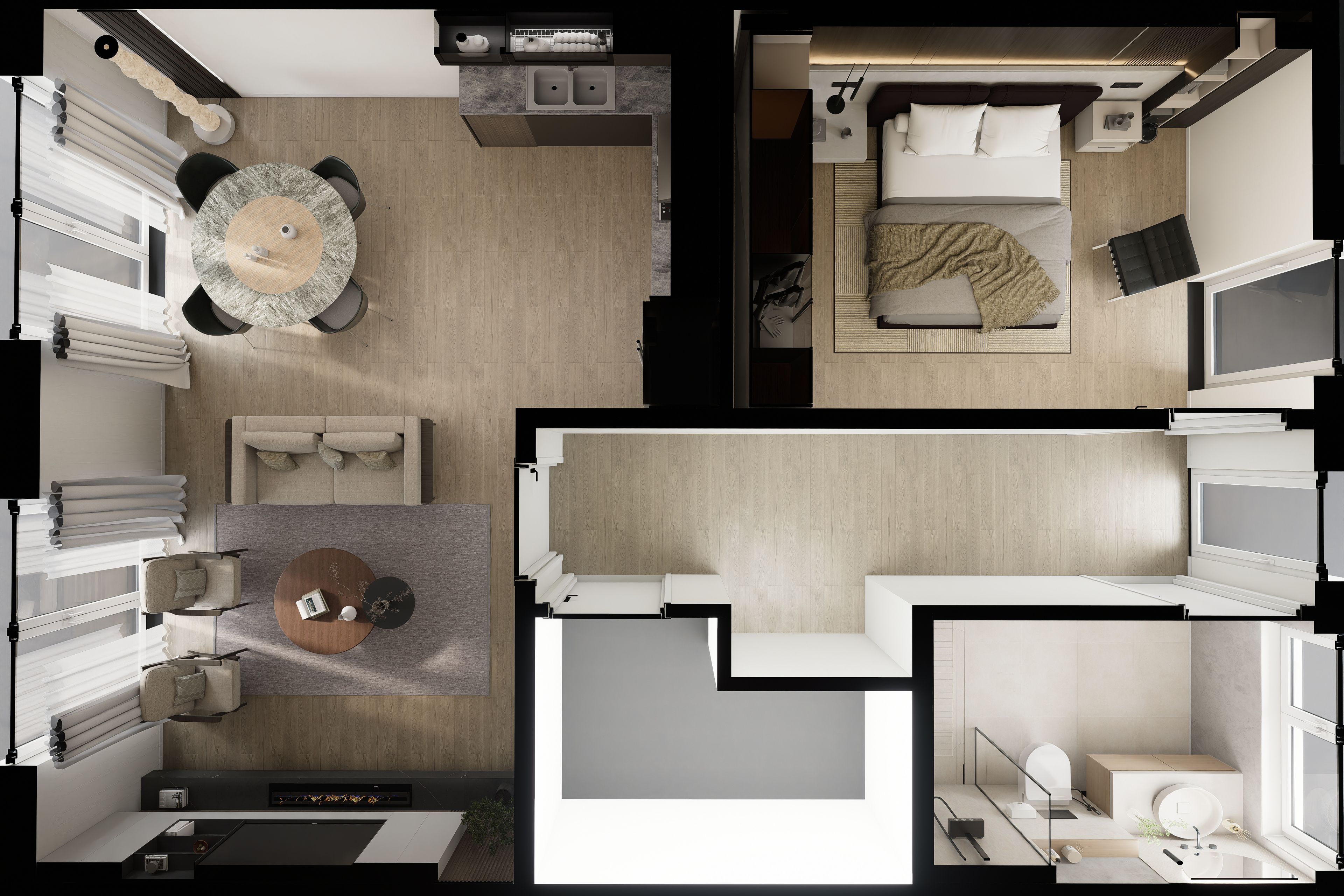 A modern hotel room with a bed, bedside table, and a bathroom with a shower and toilet.