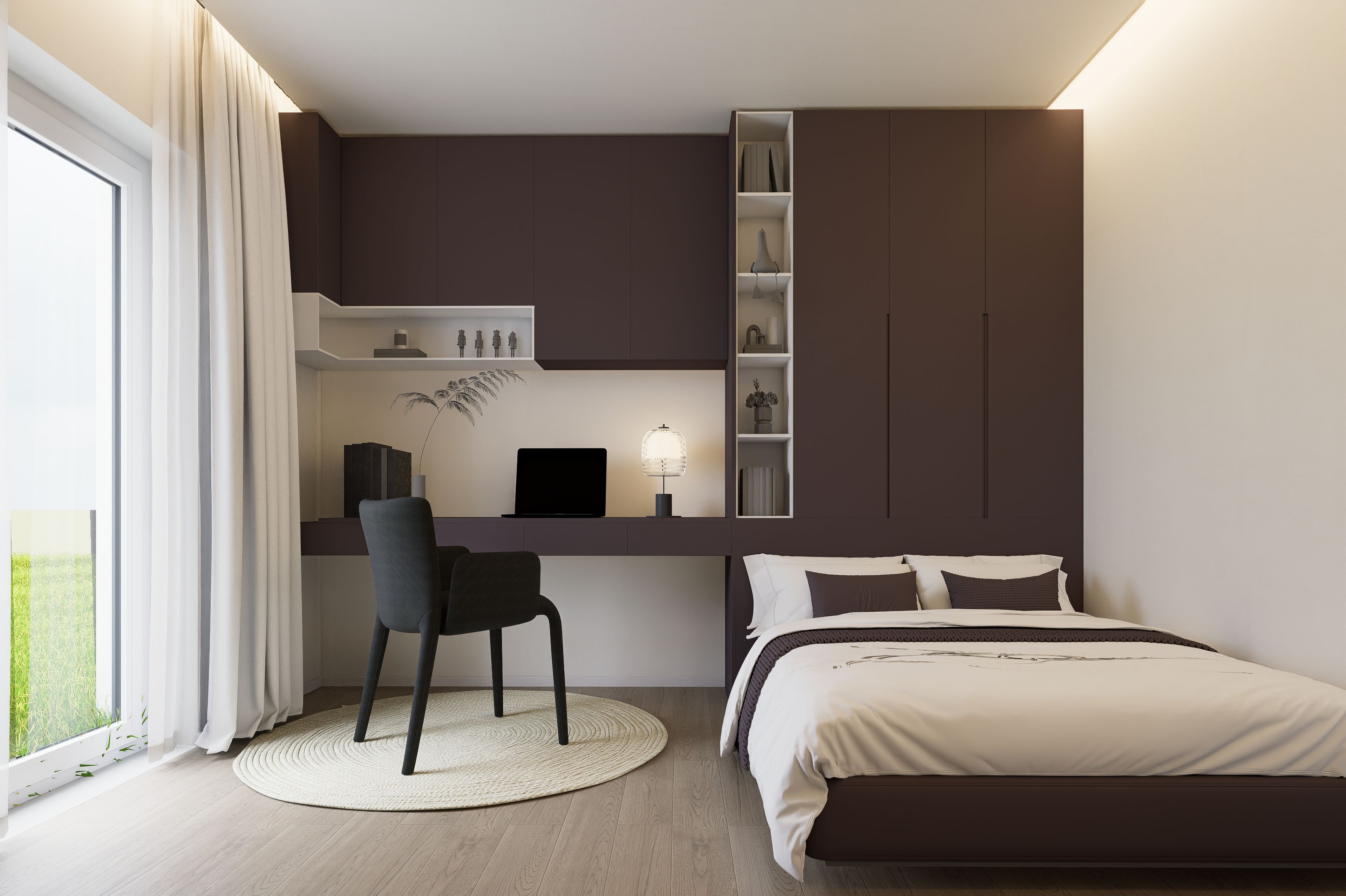 Une chambre à coucher moderne avec un lit, un bureau et une chaise.