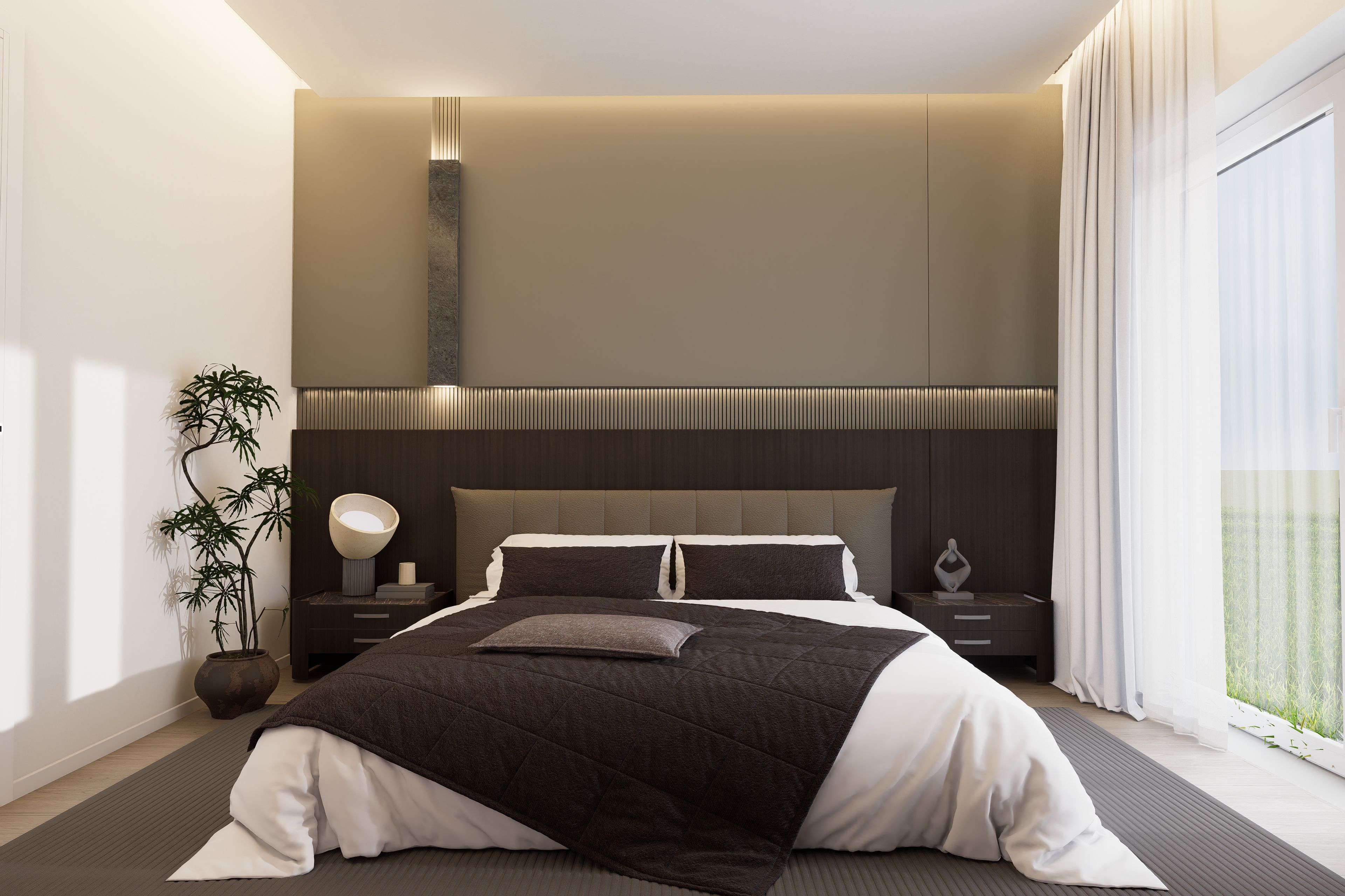Une chambre à coucher moderne avec un lit, des tables de chevet, une lampe et une plante en pot.