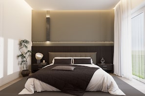 Un dormitorio moderno con cama, mesitas de noche, una lámpara y una planta en maceta.