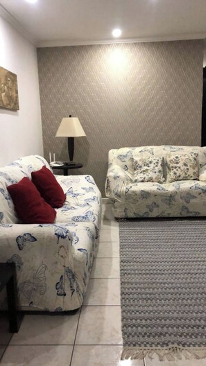 Una sala de estar con dos sofás, una lámpara y un tapete estampado.