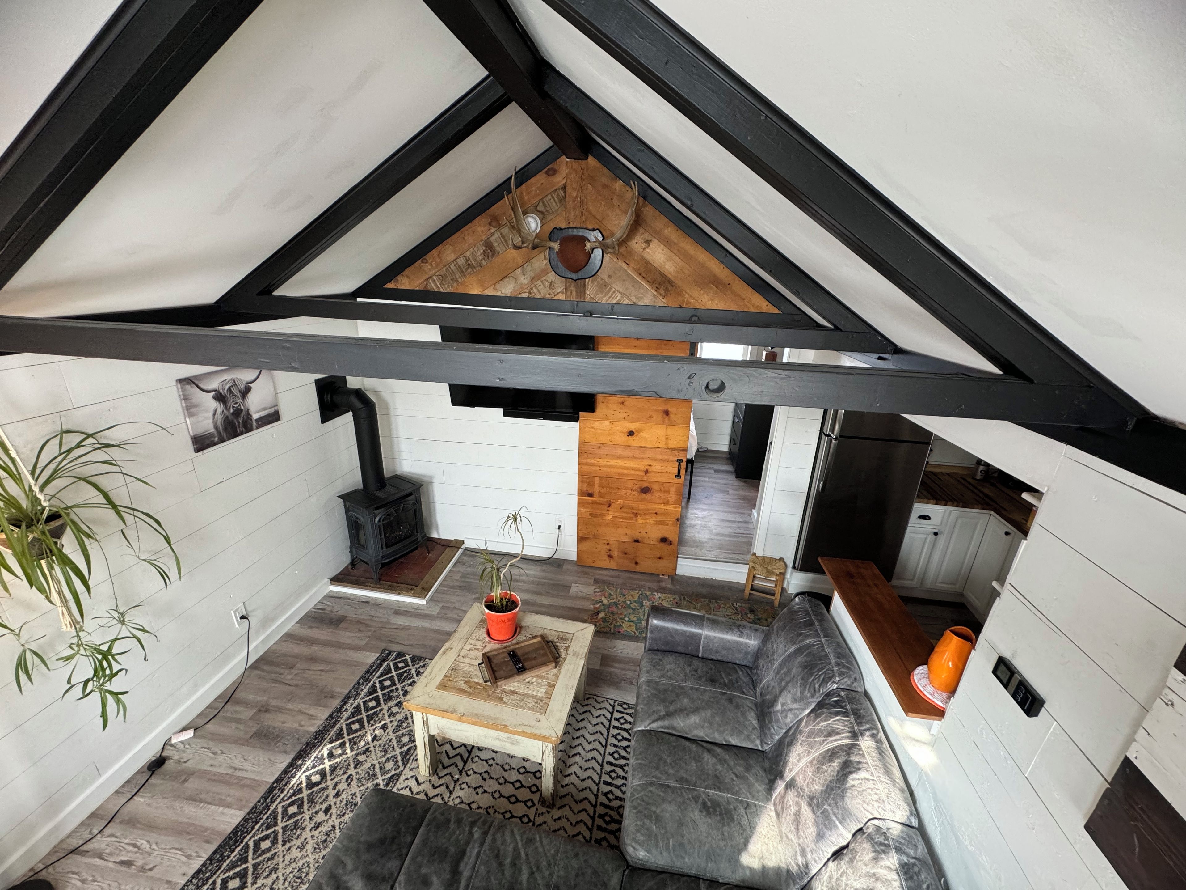 Une pièce de style loft avec un plafond en pente, une cheminée, un canapé, une table basse et une plante en pot.