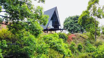 A modern building with a triangular roof, surrounded by lush greenery.