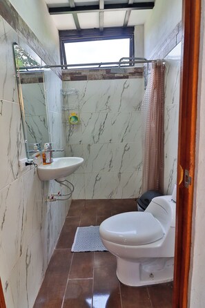 Bany amb paret revestida de marbre, un rentapeus blanc, un vàter i una zona de dutxa.