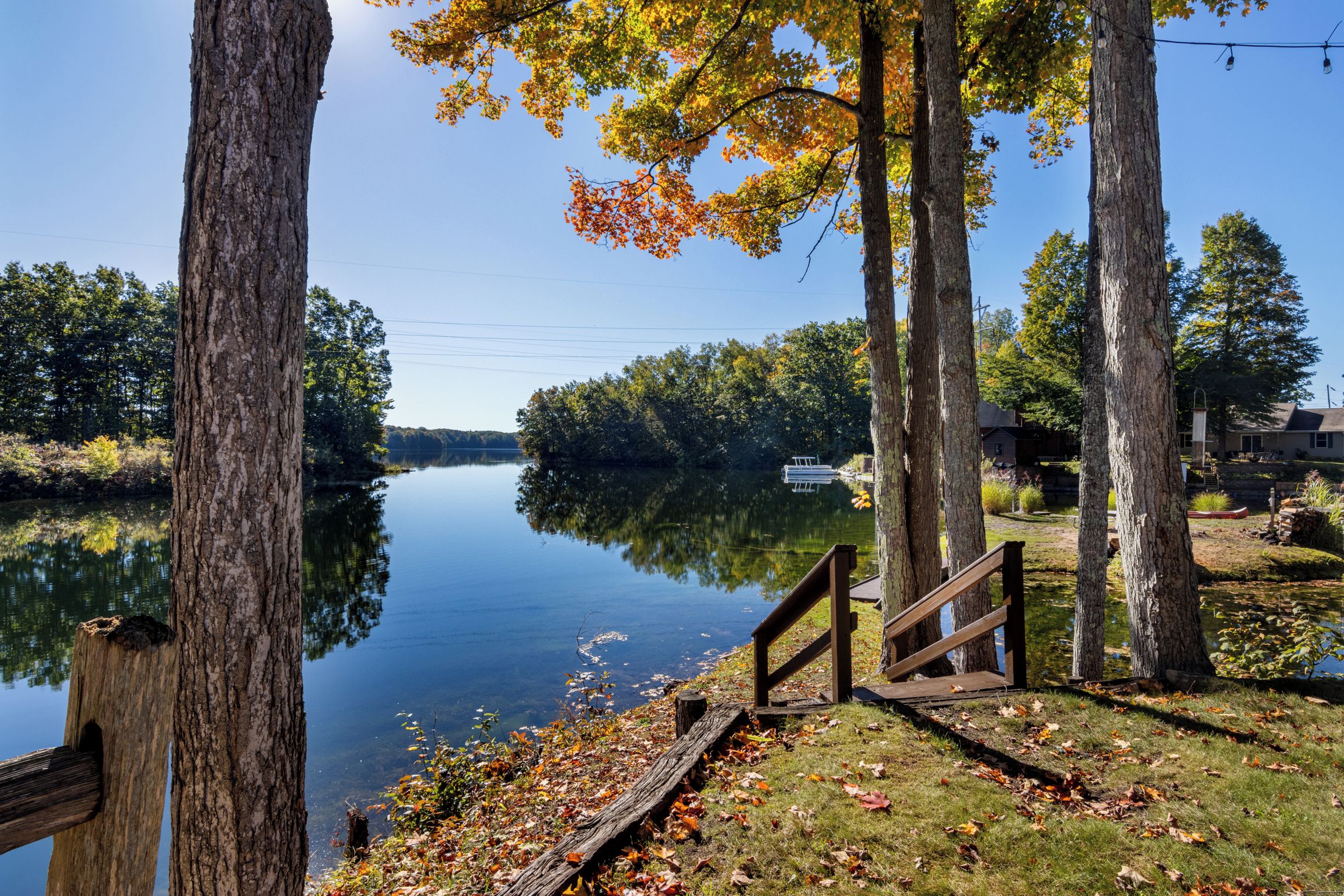 A lakeside view with a wooden dock, trees, and a clear sky.