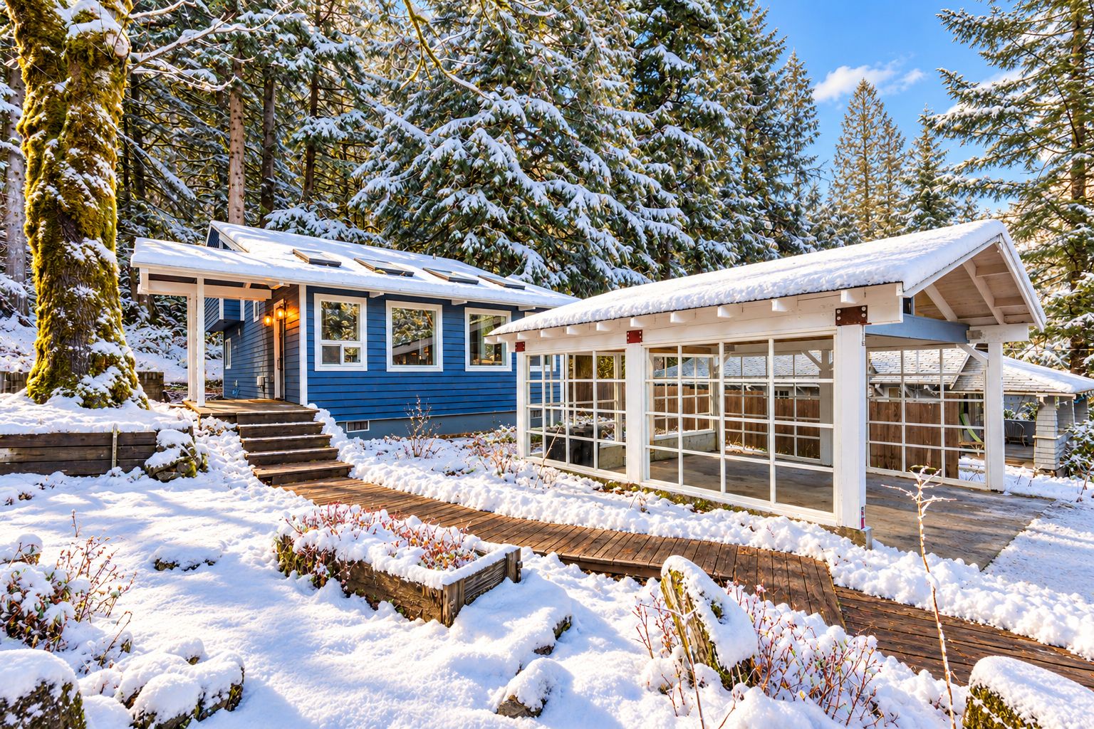 Cozy snowy cabin retreat with forest views and spacious covered outdoor area