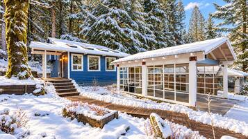Cozy snowy cabin retreat with forest views and spacious covered outdoor area