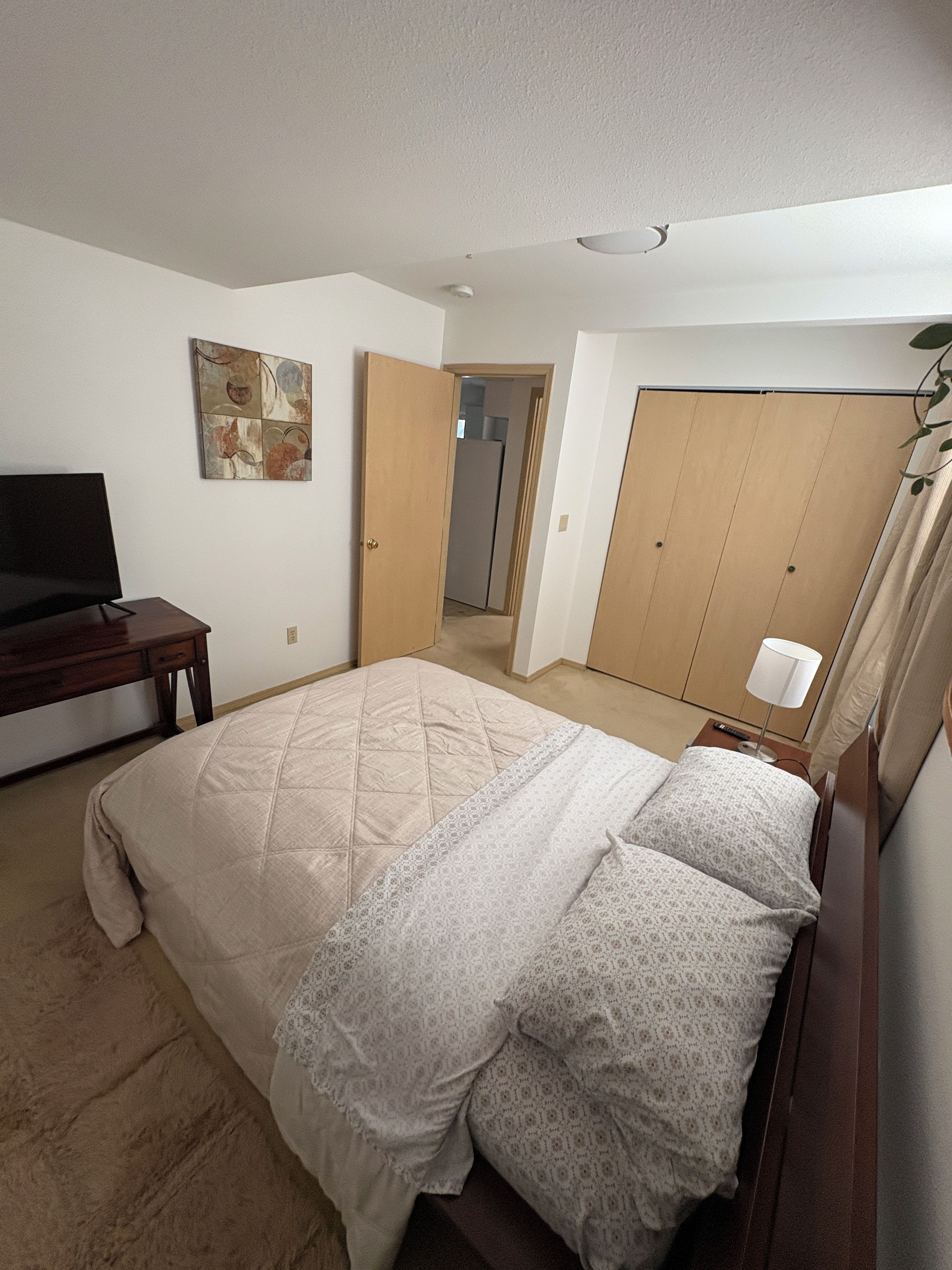 Un dormitorio con cama, escritorio, televisor, armario y puerta que da a otra habitación.