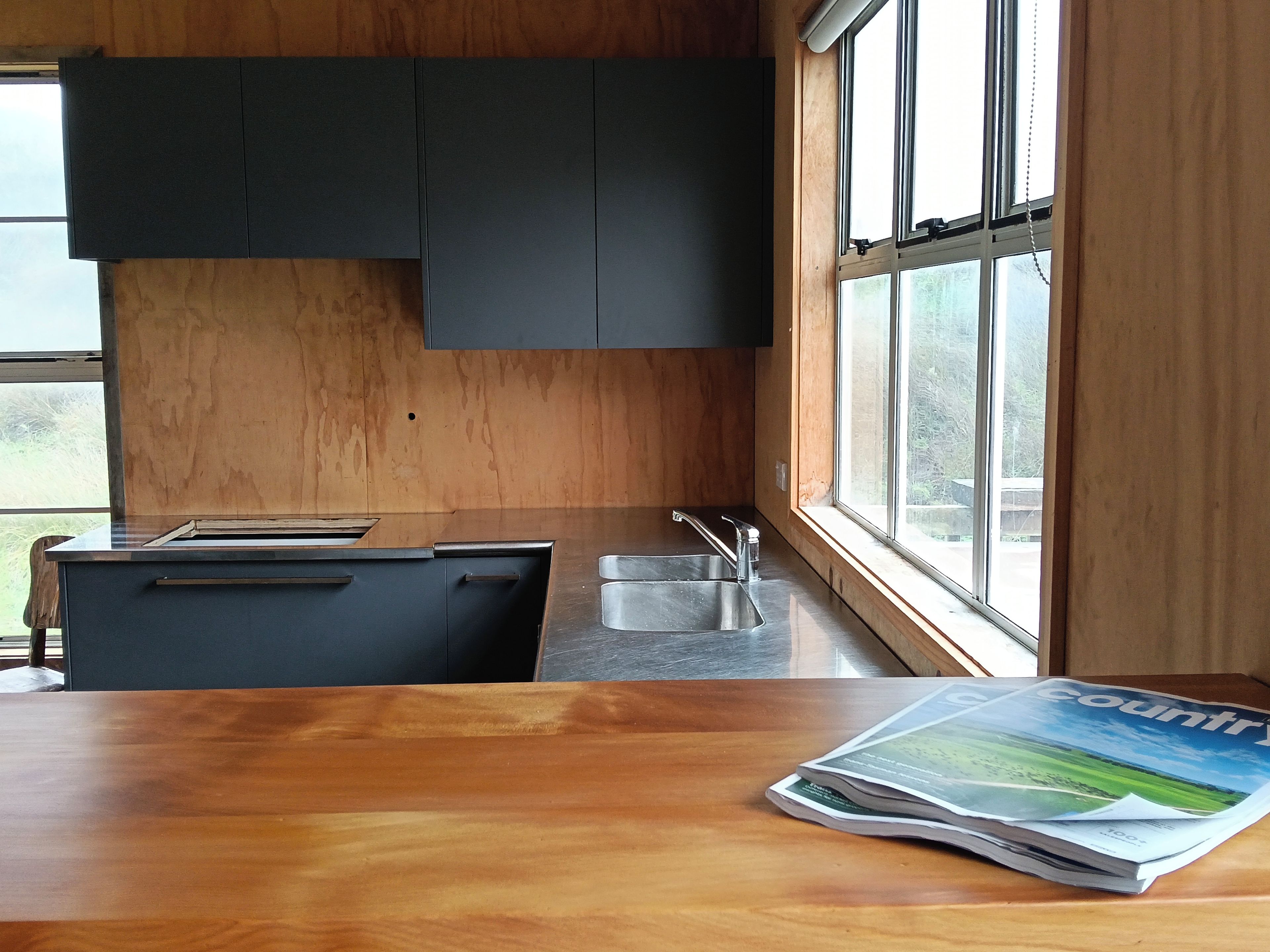 A modern kitchen with dark cabinets, a wooden countertop, and a window with a view of greenery.