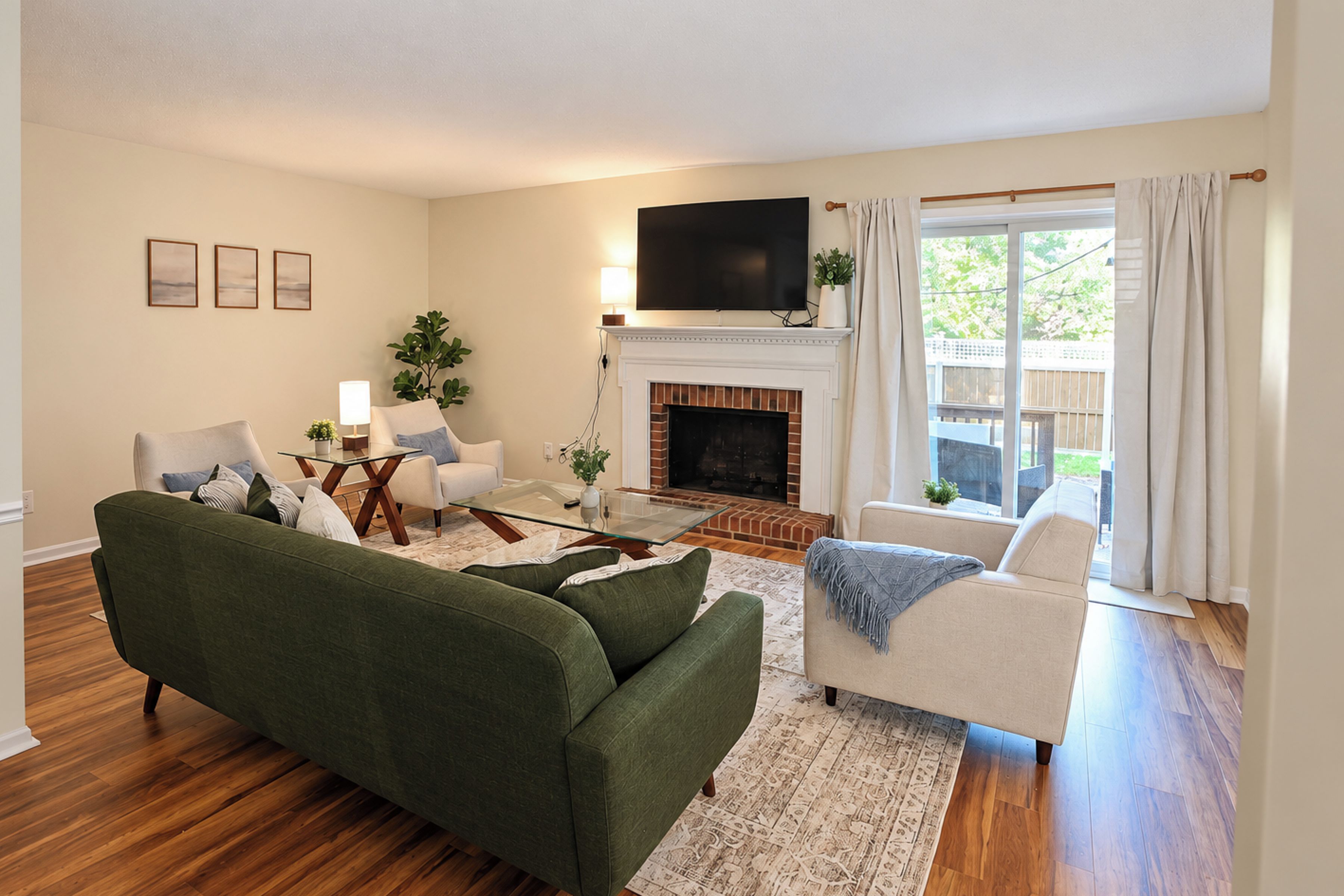 A living room with a green sofa, a white armchair, a fireplace, and a television mounted above it.