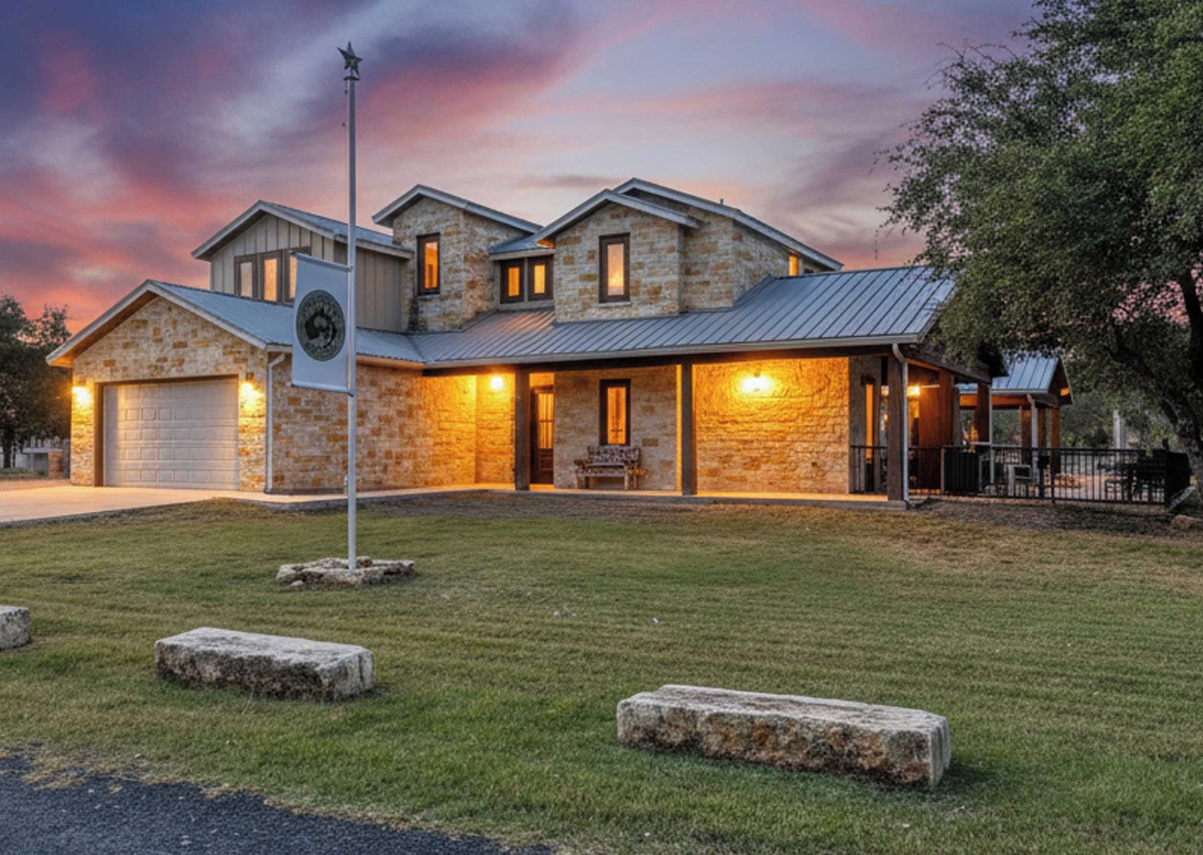 A two-story stone house with a metal roof, a garage, and a well-maintained lawn.