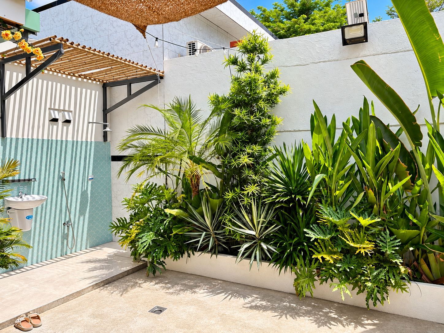 A modern outdoor space with a pergola, a variety of tropical plants, a small pool, and a blue gate.