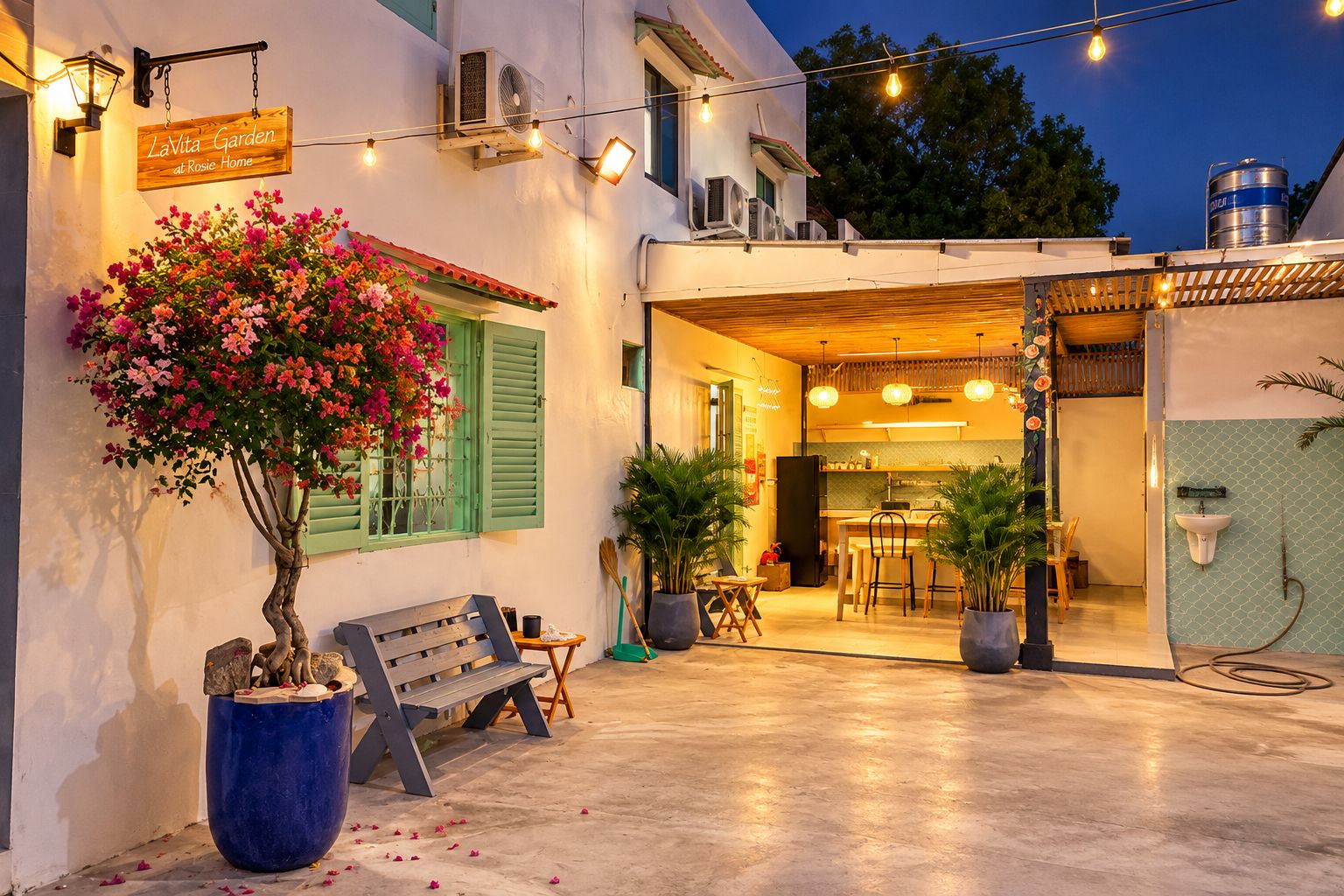 Un espacio exterior bien iluminado con un banco, plantas en macetas y un letrero que indica un jardín.