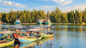 Un lago tranquilo con varias coloridas embarcaciones amarradas, rodeado de frondosos árboles verdes bajo un cielo despejado.