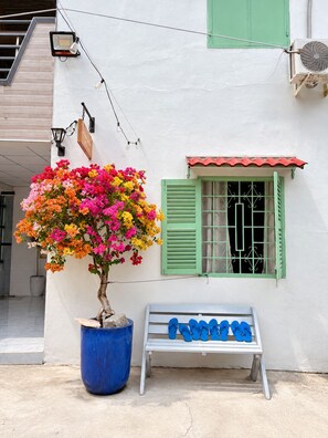 Un edificio blanco con un banco y una maceta con flores coloridas.