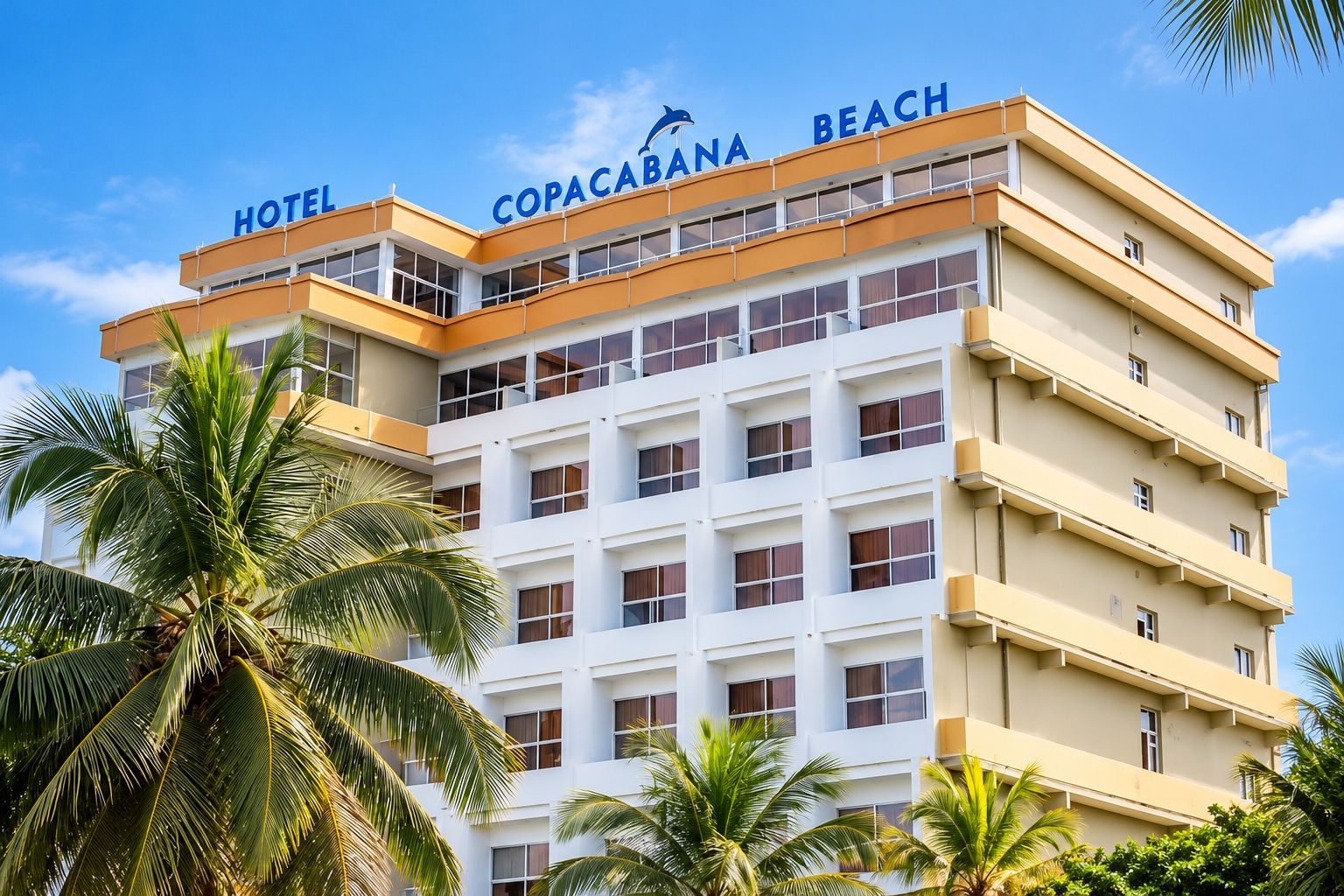 A multi-story hotel with a prominent sign reading 'COPACABANA BEACH HOTEL' and balconies on each floor.