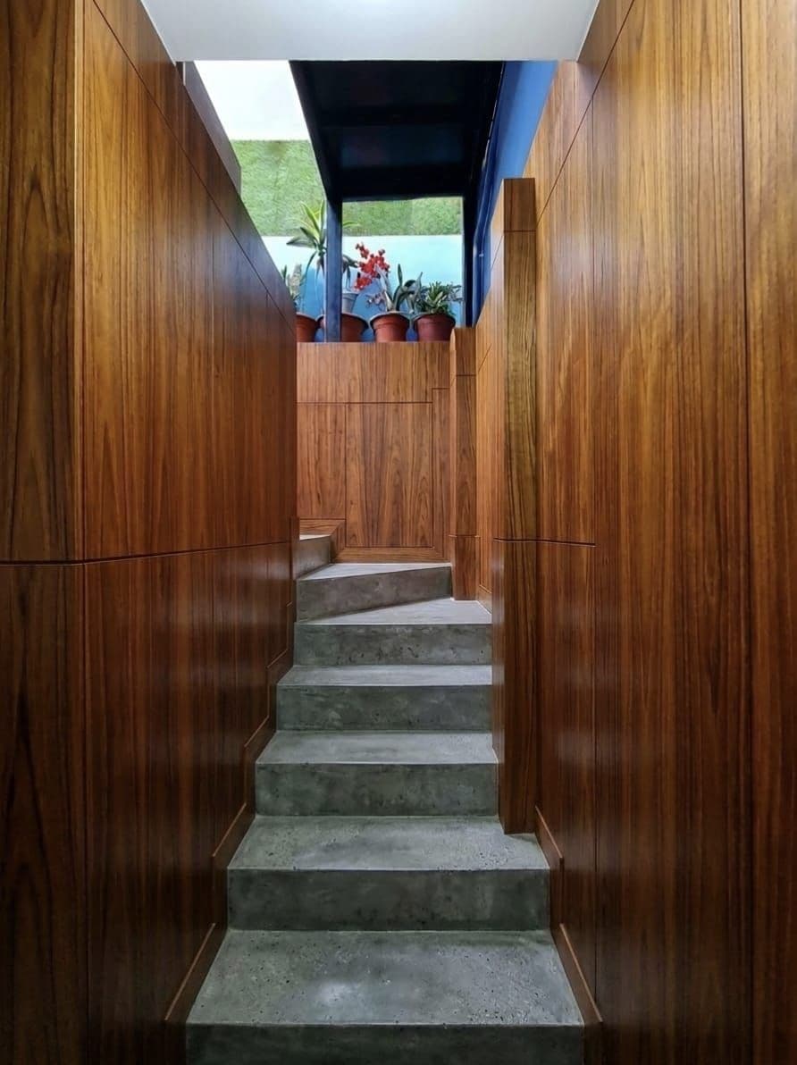 Una scala con rivestimenti in legno su entrambi i lati e vista all'esterno attraverso una finestra.