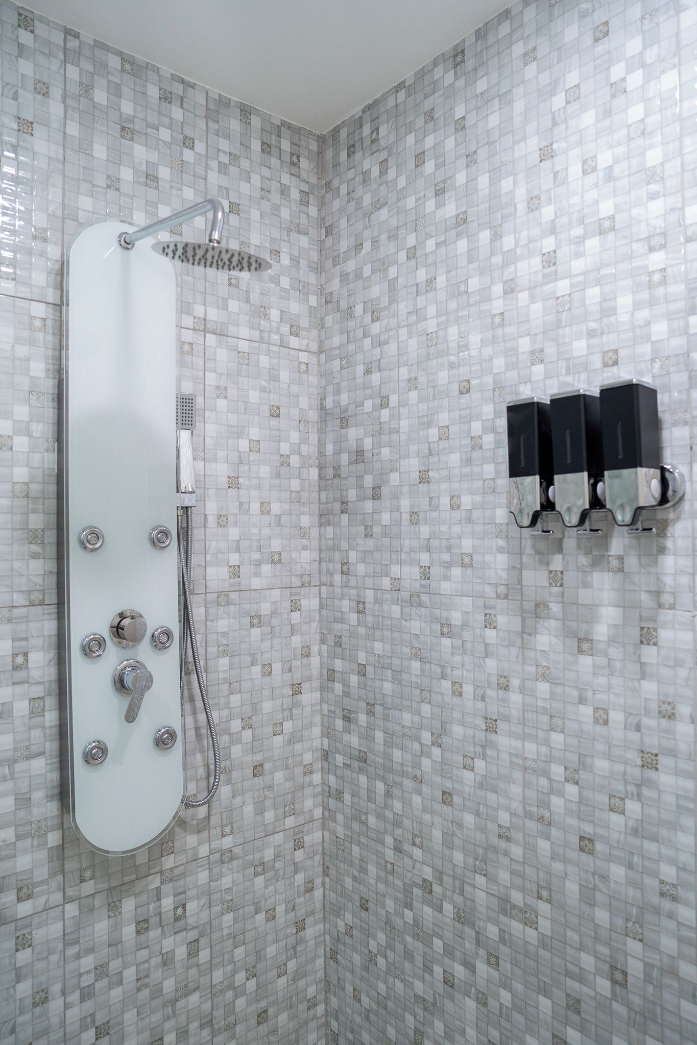 A shower with a handheld showerhead and a wall-mounted faucet.
