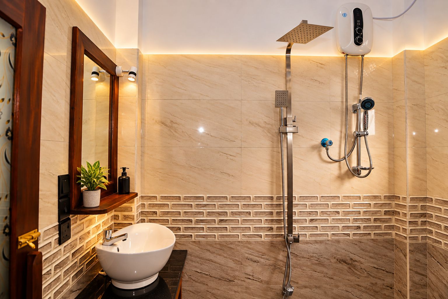 A modern bathroom with a marble floor, a white sink, a shower with a handheld showerhead, and a wall-mounted control panel.