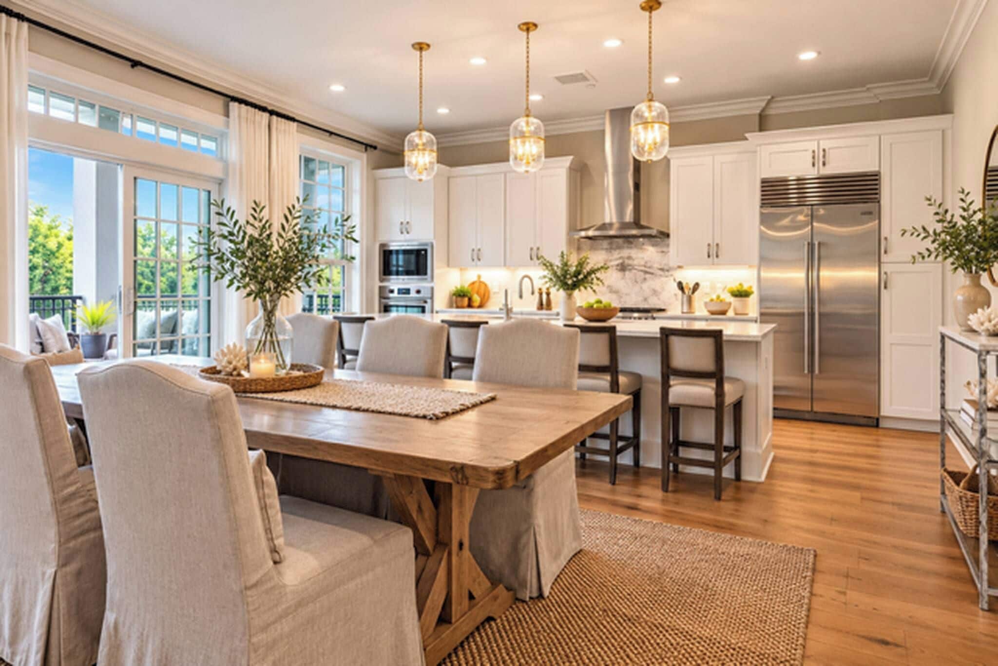 Una cocina moderna con una isla central, iluminación colgante y vistas al exterior.